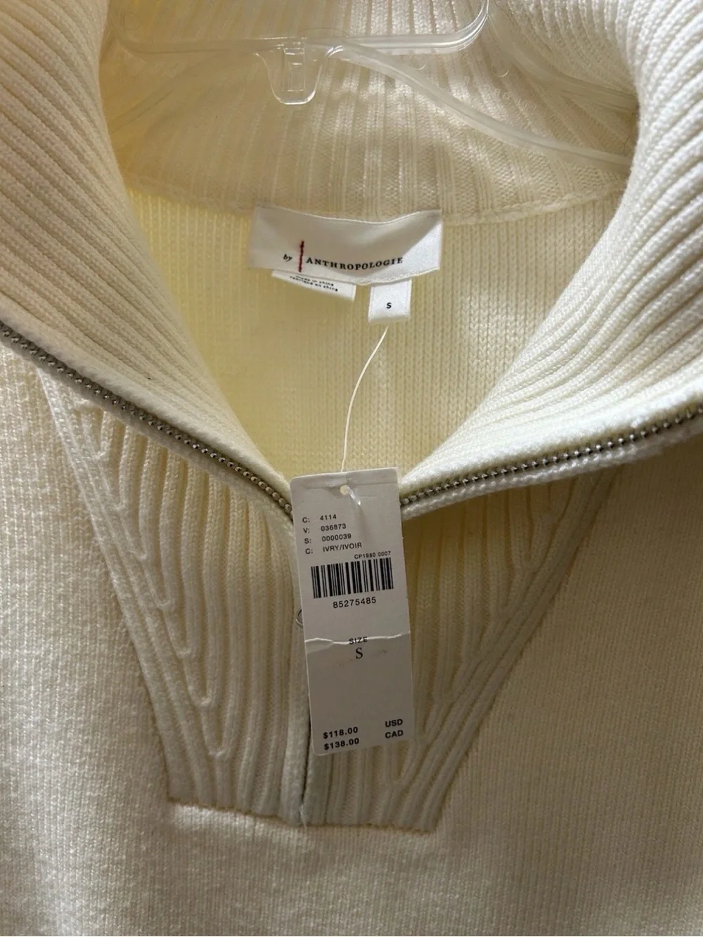 Anthropologie Cream Hooded Half-Zip Pocket Sweater